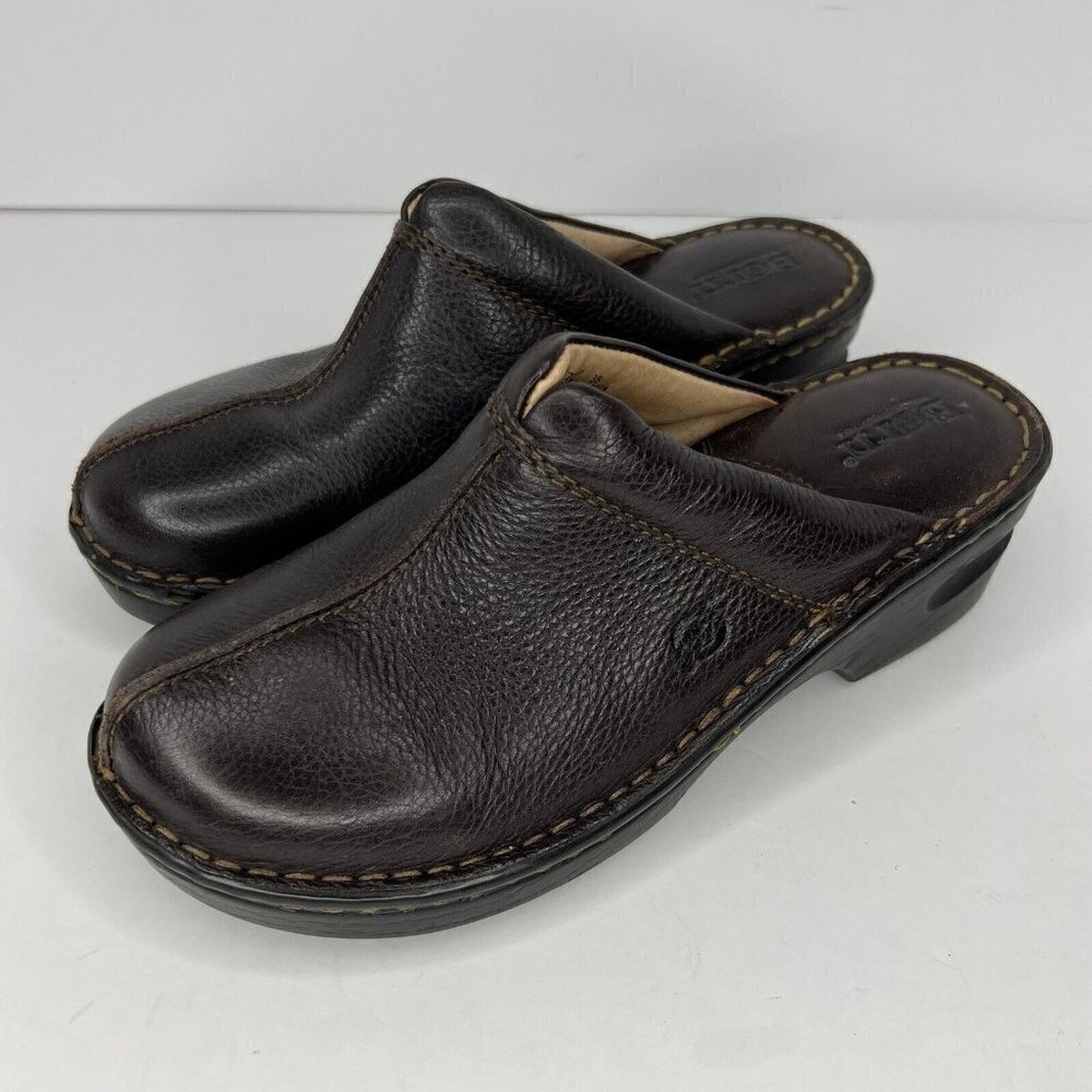 BORN Brown Leather Slip On Clogs Womens's Size 7 Shoes Rubber Waterproof Soles